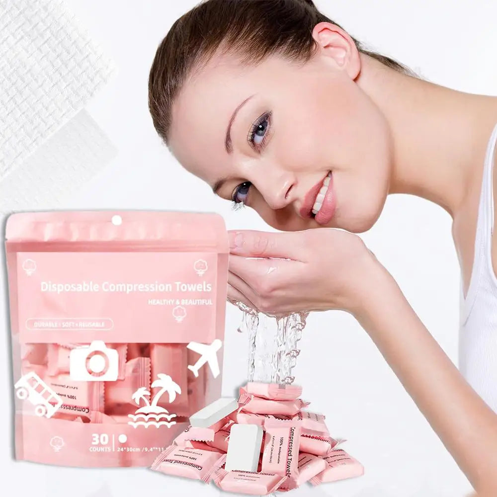 Compressed Towel Sheets Disposable Face Towels for Travel, Camping, and Hiking 1 Pack of 30 Count Size 9.4" x 11.8"