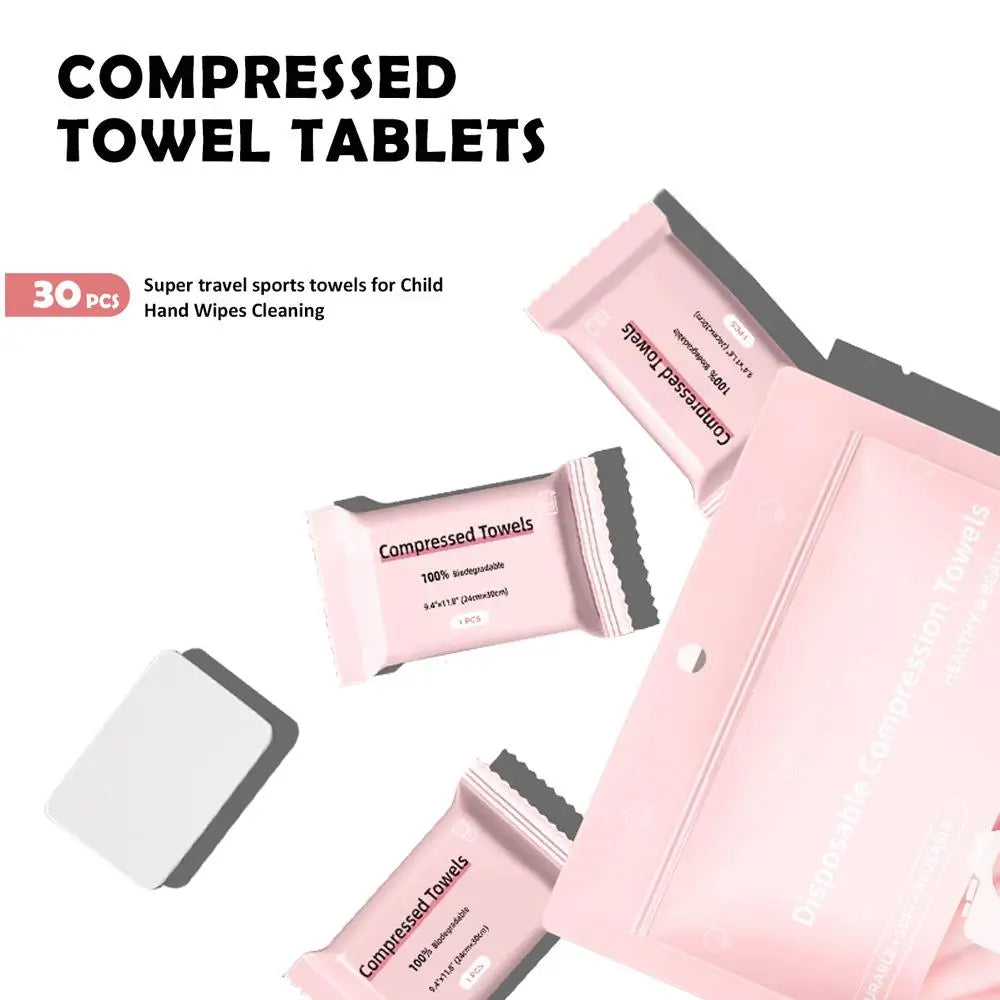 Compressed Towel Sheets Disposable Face Towels for Travel, Camping, and Hiking 1 Pack of 30 Count Size 9.4" x 11.8"
